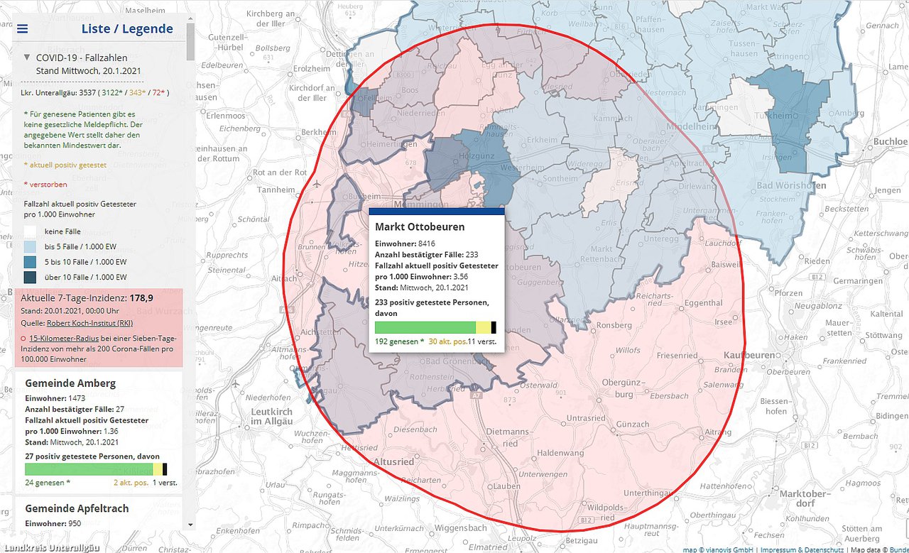 15-Kilometer-Radius Unterallgäu Karte