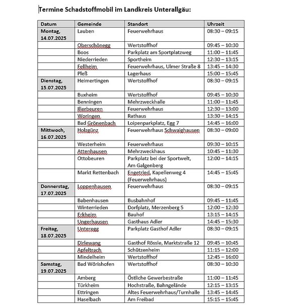 Schadstoffmobil Termine Juli