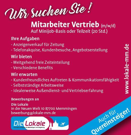 Stellenanzeige Mitarbeiter Vertrieb Die Lokale